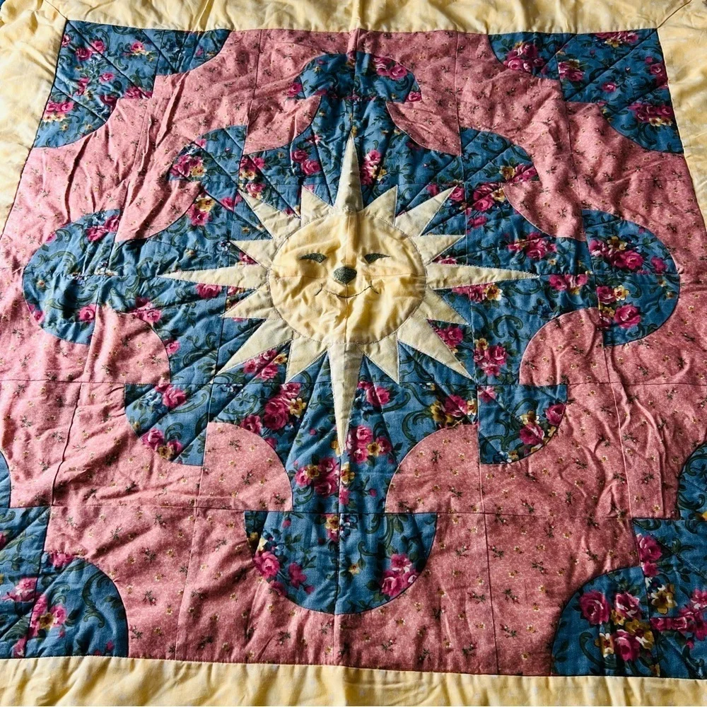 New Handmade Floral Sunburst Quilt - Pink, Blue, Yellow